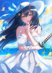  1girl azur_lane bare_shoulders beach black_hair blue_sky blush breasts casual cloud day dress hair_between_eyes hair_ornament hat highres holding holding_sword holding_weapon horns katana ken_ill large_breasts long_hair looking_at_viewer oni_horns open_mouth outdoors ribbon sky smile solo strap_slip sun_hat sundress suzuya_(azur_lane) sword weapon white_dress wind yellow_eyes 