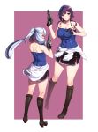  absurdres alternate_hairstyle blue_hair boots breasts brown_eyes cleavage clothes_around_waist commentary cosplay female_admiral_(kantai_collection) gun handgun hiememiko highres jill_valentine jill_valentine_(cosplay) kantai_collection large_breasts murakumo_(kantai_collection) pencil_skirt pistol ponytail purple_eyes purple_hair resident_evil resident_evil_3 skirt strapless sweater_around_waist tubetop weapon 