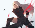  1girl android angry armor aura black_armor clenched_teeth dark_knight_(final_fantasy) elbow_gloves final_fantasy final_fantasy_xiv from_side gloves greatsword holding holding_sword holding_weapon koyorin long_hair looking_afar nier_(series) nier_automata robot_joints silver_hair simple_background solo sword teeth thighhighs weapon yorha_type_a_no._2 