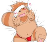  2014 anthro bear_2key bed belly blush brown_fur bulge canid canine clothing eyes_closed fundoshi fur humanoid_hands japanese_clothing lying male mammal moobs nipples overweight overweight_male raccoon_dog solo tanuki underwear young 