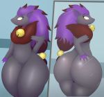  2018 anthro big_butt butt canid canine claws digital_media_(artwork) fan_character fur hair hi_res male mammal mien_(pandashorts) nintendo open_mouth pandashorts pok&eacute;mon pok&eacute;mon_(species) reflection solo tailless thick_thighs video_games wide_hips zoroark 