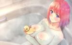  1girl bangs bath bathing bathtub blue_eyes blunt_bangs blush breasts cleavage closed_mouth commentary_request go-toubun_no_hanayome highres hofumaso indoors large_breasts nakano_nino nude partially_submerged pink_hair rubber_duck short_hair smile solo water 