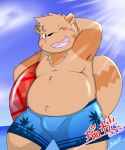  2015 anthro bear_2key belly black_nose blush canid canine clothing cute_fangs hi_res male mammal one_eye_closed outside overweight overweight_male raccoon_dog solo swimwear tanuki water wink 