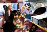  1_eye ahoge apron ata_(anaid) beverage big_eyes big_tail biped black_clothing black_hair black_sclera black_skin blonde_hair chopsticks clothed clothing cyclops dark_skin detailed_background dipstick_tail eating eyewear family female fire food frying_pan fully_clothed glasses gloves_(marking) green_clothing green_eyes grey_clothing group hair half-closed_eyes headgear headwear hi_res holding_object humanoid jacket leather leather_jacket light_skin lohan_(anaid) long_hair long_tail longtailclops looking_at_another madu_(anaid) male mammal markings monster_girl_(genre) multicolored_skin multicolored_tail nervous pale_skin prehensile_tail public restaurant shirt short_hair sibling sister sisters sweat sweatdrop t-shirt tailclops_(race) tailclops_(species) talez01 tan_skin topwear two_tone_skin unamused 