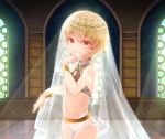  1boy blonde_hair child child_gilgamesh crossdressing fate/grand_order fate_(series) highres looking_at_viewer male_focus midriff navel red_eyes solo soumen_nigoki traditional_clothes veil younger 