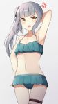  1girl anger_vein arm_up armpits bangs bare_shoulders bikini black_ribbon blush breasts collarbone commentary_request cowboy_shot eyebrows_visible_through_hair frilled_bikini frills gluteal_fold groin hair_between_eyes hand_on_hip highres kantai_collection kasumi_(kantai_collection) long_hair looking_at_viewer moko_(mokomozi11) navel open_mouth remodel_(kantai_collection) ribbon silver_hair simple_background small_breasts solo standing swimsuit thigh_strap thighs white_background yellow_eyes 