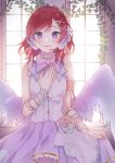  10s 1girl absurdres angel_wings arm_garter artist_request bare_shoulders birthday bow bowtie center_frills chain chains feathered_wings female flower garters gold_chain hair_ornament hand_on_chest happy_birthday highres looking_at_viewer love_live! love_live!_school_idol_festival love_live!_school_idol_project microphone nishikino_maki petals purple_eyes red_flower red_hair red_rose ribbon rose skirt skirt_hold sleeveless smile solo striped striped_bow striped_neckwear wading window wings wrist_ribbon x_hair_ornament 