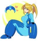  1girl absurdres arm_cannon armor artist_request blonde_hair blue_bodysuit blue_eyes bodysuit breasts highres impossible_bodysuit impossible_clothes long_hair metroid mole mole_under_mouth nintendo one_eye_closed ponytail rockman rockman_(character) rockman_(classic) samus_aran simple_background skin_tight super_smash_bros. tongue tongue_out weapon zero_suit 