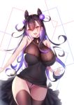  1girl bangs black_dress black_hair black_legwear black_panties blush breasts covered_navel double_bun dress fate/grand_order fate_(series) geonjeonhannick hair_ornament huge_breasts long_hair looking_at_viewer murasaki_shikibu_(fate) open_mouth panties purple_eyes sleeveless sleeveless_dress solo thighhighs thong underwear very_long_hair 