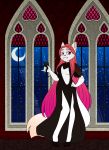  2018 akaunkel anthro artemis_tsukino carmilla_(castlevania) castle castlevania clothing cosplay cup domestic_cat dress fangs felid feline felis female front_view fur goth hair halloween hi_res holidays konami long_hair long_tail mammal moon night night_dress pink_eyes pink_hair pink_nose solo standing star vampire video_games white_fur window 