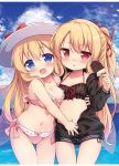  2girls :d :o baku-p bangs bare_arms bare_shoulders bikini black_bikini black_jacket blonde_hair blue_eyes blue_sky blush bow breasts cleavage cloud cloudy_sky commentary_request day eyebrows_visible_through_hair fairy_wings food gluteal_fold hair_between_eyes hair_ribbon hat hat_bow highres holding holding_food horizon ice_cream jacket lily_black lily_white long_hair long_sleeves medium_breasts multiple_girls navel ocean one_side_up open_clothes open_jacket open_mouth outdoors parted_lips pink_bikini pink_wings red_bow red_eyes red_ribbon ribbon sky small_breasts smile sun_hat swimsuit thigh_gap touhou transparent_wings very_long_hair water white_headwear wings 