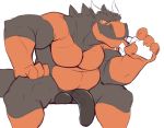  anthro balls biceps big_penis black_penis black_scales chibs_arts dragon father horn leaning long_penis male musclegut muscular muscular_male orange_scales parent pecs penis presenting scales simple_background sitting smoking solo spreading vape vape_pen vaping vein white_background 