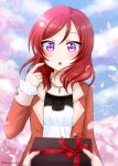  1girl :o artist_request birthday blush female gift hair_pins happy_birthday highres holding holding_gift jacket jewelry love_live! love_live!_school_idol_project necklace nishikino_maki petals purple_eyes red_hair red_jacket solo 