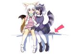  2girls absurdres animal_ear_fluff animal_ears bangs black_footwear black_hair black_skirt blonde_hair blue_sweater bodystocking bow bowtie boy_(pixiv17542438) brown_eyes common_raccoon_(kemono_friends) directional_arrow eating extra_ears eyebrows_visible_through_hair fang fennec_(kemono_friends) food fox_ears fox_tail full_body fur-trimmed_footwear fur-trimmed_sleeves fur_collar fur_trim furrowed_eyebrows gloves gradient_legwear grey_hair hair_between_eyes hands_on_another&#039;s_thighs hands_up highres holding holding_food japari_bun japari_symbol kemono_friends long_sleeves looking_at_another medium_hair multicolored_hair multiple_girls open_mouth panties pantyshot pantyshot_(sitting) pink_sweater raccoon_ears raccoon_tail shoes short_over_long_sleeves short_sleeves sidelocks sitting skirt striped_tail sweater tail thighhighs two-tone_hair underwear white_footwear white_hair white_panties white_skirt 