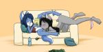  2018 anthro ass_up black_hair blue_hair blush book bottle bottomless canid canine clothed clothing cunnilingus digital_media_(artwork) distracted distracted_sex duo eyes_closed female female/female gun hair kaostheory901 mammal nude oral panties pillow ranged_weapon reading sex simple_background sofa spread_legs spreading underwear vaginal weapon 