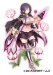  1girl belt black_hair breasts cape copyright_name dagger dmm flower_knight_girl full_body highres holding holding_weapon large_breasts looking_at_viewer night_phlox_(flower_knight_girl) official_art one_eye_closed purple_eyes skirt smile standing tagme weapon white_background 