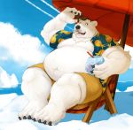  anthro beach_umbrella belly beverage big_belly chair cinna-tree claws clothed clothing eyewear fur hi_res holding_beverage holding_object iceberg male mammal navel obese obese_male open_mouth open_shirt open_smile outside overweight overweight_male polar_bear smile solo sunglasses toe_claws ursid ursine water white_fur 