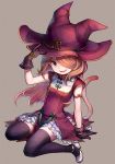  1girl animal_ears black_legwear cat_ears cat_tail dress female gloves grey_background hair_over_one_eye hat kiitos long_hair open_mouth original simple_background sitting smile solo tail thighhighs wariza witch_hat 