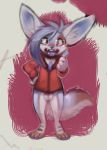  anthro balls blue_fur blue_tongue bottomless brown_eyes brown_fur canid canine clothed clothing fangs fennec fox fur gesture grey_fur grey_hair hair male mammal maxwell_(reign-2004) open_mouth reign-2004 rocket solo spectacles thumbs_up tongue white_fur 