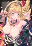  1girl blonde_hair blue_eyes blush bow breasts cleavage granblue_fantasy hair_bow highres large_breasts long_hair milli_little mirin_(granblue_fantasy) off_shoulder sarashi smile twitter_username undone_sarashi 