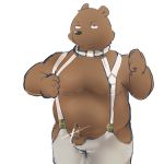  1:1 2015 anthro balls belly black_nose brown_fur clothing fur humanoid_hands humanoid_penis male mammal moobs oneko_takasuke overweight overweight_male pants penis simple_background solo ursid white_background 