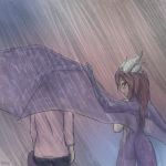  1:1 2019 absurd_res animal_humanoid blush butt clothing digital_media_(artwork) dragon dragon_humanoid duo female hair hi_res horn humanoid klifflod long_hair male male/female monster_girl_(genre) nude nyx_(klifflod) outside raining scalie signature simple_background smile standing wings 