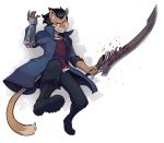  2019 absurd_res anthro black_hair boots brown_eyes capcom clothing cosplay cougar devil_may_cry felid feline fire footwear fur hair hi_res jacket jewelry male mammal melee_weapon necklace nero_(devil_may_cry) prosthetic randochris_(character) shirt simple_background smile sword topwear video_games weapon white_background widemouthink 