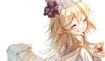  1girl bangs blonde_hair blush eyebrows_visible_through_hair facing_viewer fur_hat girls_frontline grin hair_between_eyes hat highres jacket jacket_on_shoulders long_hair long_sleeves matsuo_(matuonoie) nagant_revolver_(girls_frontline) shirt simple_background smile solo upper_body white_background white_headwear white_jacket white_shirt 