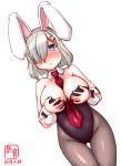  1girl between_breasts black_legwear black_leotard blue_eyes blush breast_hold breasts bunny_tail bunnysuit commentary_request cowboy_shot detached_collar embarrassed gluteal_fold hair_ornament hair_over_one_eye hairclip hamakaze_(kantai_collection) highres kanon_(kurogane_knights) kantai_collection large_breasts leotard md5_mismatch necktie nose_blush pantyhose red_neckwear short_hair silver_hair simple_background solo strapless strapless_leotard tail thigh_gap white_background wrist_cuffs 