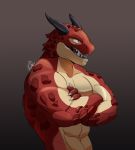  abs anthro biceps black_horn brawlhalla claws crossed_arms dragon horn male muscular muscular_male open_mouth pecs ragnir_(brawlhalla) red_scales scales simple_background solo standing tan_scales teeth warsyl 