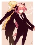  1boy 1other alternate_costume androgynous astolfo_(fate) black_bow black_jacket black_pants black_ribbon black_suit blonde_hair blue_eyes bow braid chevalier_d&#039;eon_(fate/grand_order) commentary_request english_text fate/grand_order fate_(series) formal hair_bow hair_intakes hair_ribbon jacket long_braid long_hair necktie pants pink_eyes pink_hair ribbon saihate_(d3) shirt signature single_braid smile suit white_shirt 