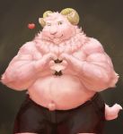  &lt;3 anthro belly bovid caprine chubby_cheeks cinna-tree clothed clothing fur gesture hand_heart hi_res horn male mammal navel one_eye_closed overweight overweight_male pink_fur sheep smile solo topless wink 