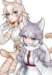  2girls \n/ animal_ear_fluff animal_ears bangs bare_shoulders blue_eyes bow bowtie cat_(kemono_friends) cat_ears cat_tail chestnut_mouth collar commentary dog_(mixed_breed)_(kemono_friends) dog_ears elbow_gloves extra_ears eyebrows_visible_through_hair fur-trimmed_sleeves fur_trim gloves grey_hair grin hair_between_eyes heterochromia high-waist_skirt highres jacket kemono_friends light_brown_hair looking_at_viewer losmal_indicus multicolored_hair multiple_girls open_clothes open_jacket open_mouth paw_pose pet_collar shirt short_hair short_sleeves simple_background skirt sleeveless sleeveless_shirt smile tail thighhighs two-tone_hair white_background white_hair yellow_eyes 