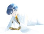  1other absurdres androgynous bangs blue_eyes blue_hair blunt_bangs colored_eyelashes crystal_hair elbow_rest food fruit golden_arms heterochromia highres houseki_no_kuni iciriini looking_at_viewer lying necktie on_side orange phosphophyllite phosphophyllite_(ll) short_hair solo spoilers white_background white_eyes wide_sleeves 