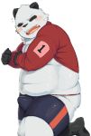  2015 anthro belly blush bulge butt clothing eyes_closed gattatta giant_panda humanoid_hands male mammal navel overweight overweight_male shirt shorts simple_background solo topwear underwear ursid white_background 