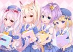  4girls anchor_symbol animal_ears argyle argyle_background ayanami_(azur_lane) azur_lane bangs bare_arms beret blonde_hair blue_headwear blue_serafuku blue_shirt blue_skirt blue_sleeves blush bow bowtie bunny_ears commentary_request crown detached_sleeves eyebrows_visible_through_hair fingernails green_eyes hair_between_eyes hair_bow hair_ornament hair_ribbon hat headgear high_ponytail javelin_(azur_lane) laffey_(azur_lane) long_hair maeha matching_outfit midriff mini_crown multiple_girls nail_polish pleated_skirt ponytail puffy_short_sleeves puffy_sleeves purple_eyes purple_hair red_bow red_eyes red_nails ribbon sailor_collar school_uniform serafuku shirt short_sleeves signature skirt sleeveless sleeveless_shirt tilted_headwear translation_request twintails very_long_hair white_ribbon white_sailor_collar wrist_cuffs yellow_neckwear z23_(azur_lane) 