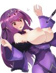  1girl bangs bare_shoulders blush breasts detached_collar dress dress_pull fate/grand_order fate_(series) full-face_blush fur_trim hair_between_eyes hair_ribbon highres large_breasts long_hair nipples open_mouth pononozo puffy_nipples purple_dress purple_hair purple_ribbon red_eyes ribbon scathach_(fate)_(all) scathach_skadi_(fate/grand_order) simple_background solo sweatdrop tiara wand white_background 