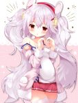  1girl animal_ears azur_lane bangs bare_shoulders blush breasts bunny_ears camisole chestnut_mouth commentary_request eyebrows_visible_through_hair fuuna_thise hair_between_eyes hair_ornament hairband heart heart_hands jacket laffey_(azur_lane) long_hair off_shoulder open_clothes open_jacket parted_lips pink_jacket pleated_skirt red_eyes red_hairband red_skirt silver_hair skirt small_breasts solo star strap_slip thighhighs twintails very_long_hair white_camisole white_legwear 