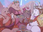  2019 anthro belly blue_eyes blush brown_fur clothing crushfang_(sdorica_sunset) dagger_(sdorica_sunset) dv-ch eyes_closed female fur group hi_res male mammal outside overweight overweight_male polar_bear robe sdorica_sunset sitting ursid ursine white_fur 