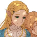  1boy 1girl braid eorinamo eyes_closed french_braid hand_on_another&#039;s_shoulder light_smile link long_hair lowres nintendo princess_zelda sleeping the_legend_of_zelda the_legend_of_zelda:_breath_of_the_wild white_background 