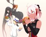  +_+ 1boy 2girls bangs black_hair bow cleavage_cutout dark_skin eating fate/grand_order fate_(series) food gloves hair_bow hair_over_one_eye hamburger hasai_(mekkan) hat jacket long_hair long_sleeves multiple_girls okita_souji_(alter)_(fate) okita_souji_(fate)_(all) open_mouth oryou_(fate) red_eyes sakamoto_ryouma_(fate) scarf smile tied_hair very_long_hair white_gloves white_hair 