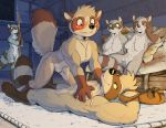  2019 amputee anthro blue_eyes blush breasts duo_focus eye_contact featureless_breasts featureless_crotch female fur green_eyes grey_fur group looking_at_another lying male mammal nude on_back on_top procyonid raccoon rick_griffin suggestive 