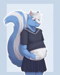  anthro clothing hi_res japanese_schoolgirl_outfit male male_pregnancy mammal mephitid pregnant skirt skunk solo wallswhisper 