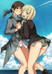  2girls ass blonde_hair blue_eyes blush brown_eyes brown_hair cloud cloudy_sky condensation_trail erica_hartmann eyebrows_visible_through_hair garimpeiro gertrud_barkhorn green_panties hair_ornament hair_ribbon hand_holding highres looking_at_viewer military military_uniform multiple_girls ocean one_eye_closed outdoors panties ribbon shiny shiny_hair sky smile strike_witches twintails underwear uniform white_panties world_witches_series 