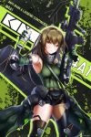  1girl absurdres arm_guards armband armpits artist_name assault_rifle asymmetrical_legwear bangs belt black_legwear black_shorts breasts brown_eyes brown_hair can character_name elbow_gloves eyebrows_visible_through_hair gas_mask girls_frontline gloves green_hair green_sweater gun hair_between_eyes highres holding holding_can holding_gun holding_weapon huge_filesize knee_pads long_hair looking_at_viewer m4_carbine m4a1_(girls_frontline) magazine_(weapon) mod3_(girls_frontline) multicolored_hair muzent pouch ribbed_legwear rifle short_shorts shorts sidelocks skull_print smile snap-fit_buckle solo streaked_hair sweater sweater_vest thighhighs trigger_discipline weapon 