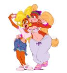  anthro ape bandicoot beanie blonde_hair blue_eyes breasts camera cleavage clothed clothing coco_bandicoot crash_bandicoot_(series) crop_top crossover digital_media_(artwork) donkey_kong_(series) duckface duo ear_piercing ear_ring female footwear green_eyes hair hat headgear headwear hi_res kong long_hair mammal marsupial midriff naughty_dog nintendo open_mouth overalls pants piercing pigtails primate puffed_cheeks sandals selfie shirt shoes simple_background slb sony_corporation sony_interactive_entertainment standing sweatpants tiny_kong tongue tongue_out topwear video_games waist_grab white_background wide_hips 