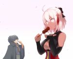  1boy 1girl ahoge black_hair bow breasts cleavage cleavage_cutout dango dark_skin eating fate/grand_order fate_(series) food hair_bow hair_over_one_eye hasai_(mekkan) japanese_clothes koha-ace large_breasts long_hair long_sleeves looking_at_viewer mitarashi_dango okada_izou_(fate) okita_souji_(alter)_(fate) okita_souji_(fate)_(all) open_mouth ponytail scarf skewer smile solo tied_hair wagashi weapon white_eyes white_hair 