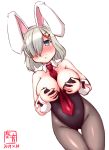  1girl between_breasts black_legwear black_leotard blue_eyes blush breast_hold breasts bunny_tail bunnysuit commentary_request cowboy_shot detached_collar embarrassed gluteal_fold hair_ornament hair_over_one_eye hairclip hamakaze_(kantai_collection) highres kanon_(kurogane_knights) kantai_collection large_breasts leotard necktie nose_blush pantyhose red_neckwear revision short_hair silver_hair simple_background solo strapless strapless_leotard tail thigh_gap white_background wrist_cuffs 