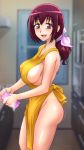  1girl absurdres apron bare_legs blurry blurry_background blush breasts erect_nipples highres hoshizora_ikuyo indoors kitchen large_breasts legs long_hair looking_at_viewer milf naked_apron open_mouth ponytail precure purple_hair red_eyes sideboob smile smile_precure! solo sponge standing t-aoba thighs tied_hair 