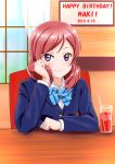  1girl artist_request birthday blazer blue_bow blue_neckwear bow bowtie chair cup curtains dutch_angle female hand_on_hair happy_birthday ice jacket long_sleeves looking_at_viewer love_live! love_live!_school_idol_project nishikino_maki pleated_skirt purple_eyes red_chair red_hair school_uniform short_hair skirt smile solo straw striped striped_bow striped_neckwear table window 